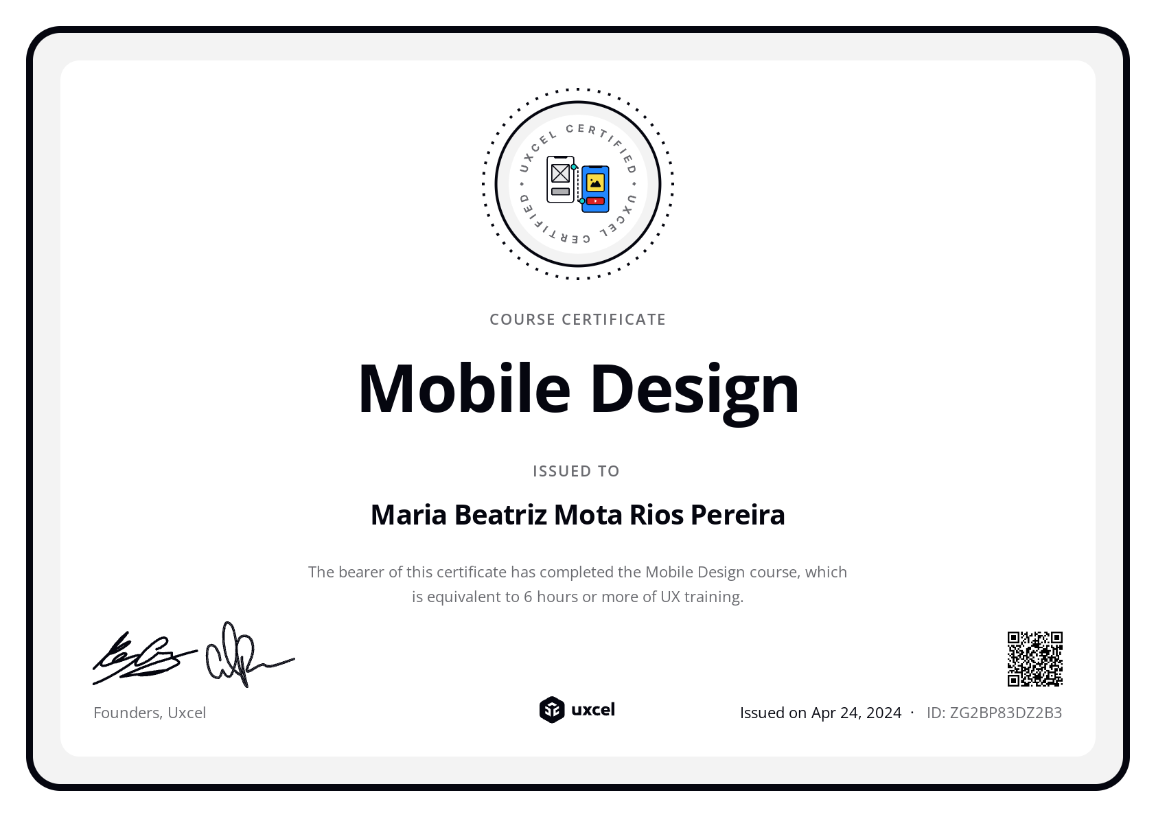 Maria Beatriz Mota Rios Pereira's certificate